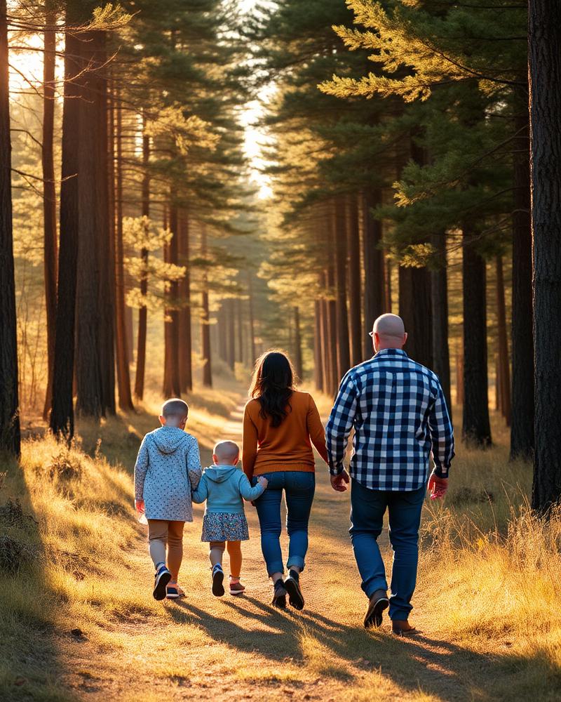 Familia caminando por un sendero soleado entre pinos