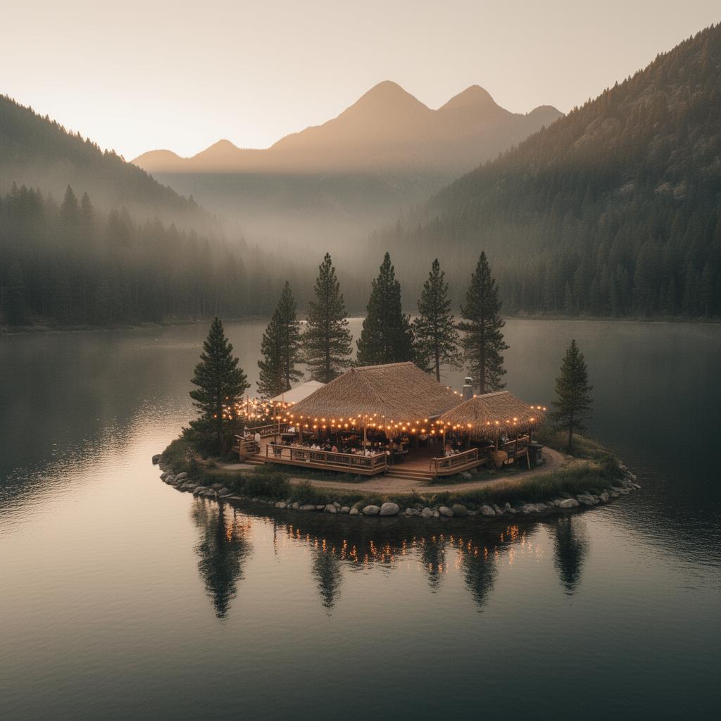 Restaurante La Isla sobre una isla en el lago al atardecer, rodeado de pinos