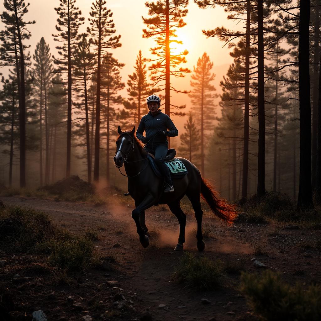 Jinete del Reflejos Endurance Team galopando entre pinos al amanecer